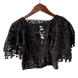 Anthropologie Black Eyelet Lace Puff-Sleeve‎ Crop Top – Womens XXS – NWT
